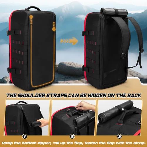 Vista 4 de Bolsa de lona táctica de 65 L con correas de mochila, bolsillo húmedo y divisores desmontables, mochila de lona para viajes, deportes y militares