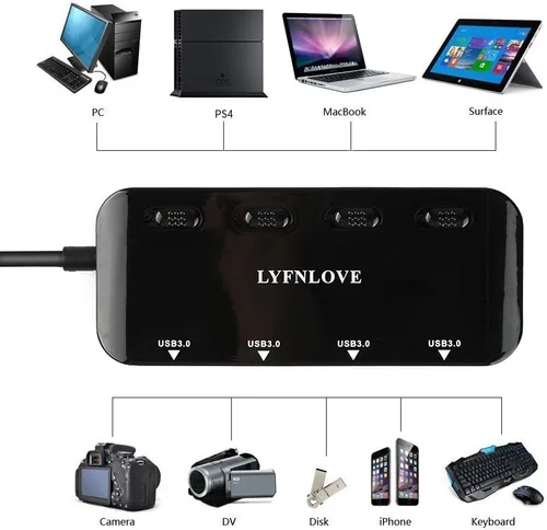 Vista 4 de Ultra Slim USB Hub 3.0, 4 puertos USB Splitter USB de alta velocidad con interruptores de encendido y apagado individuales para laptop, computadora