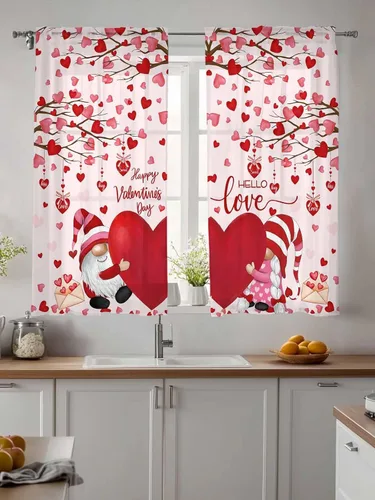 Vista 4 de Cortinas CosyBright Feliz Día de San Valentín, 63 Pulgadas de Largo, 2 Paneles, Gnomos, Cortina de Ventana Roja, Corazón de Amor, Árbol, Cortinas