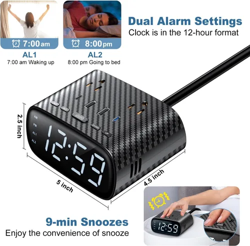 Vista 4 de Sussex Reloj despertador con 2 USB-C, 2 cargadores USB-A, 2 tomas de corriente, 2 tomacorrientes, pantalla LED, reloj digital regulable con función