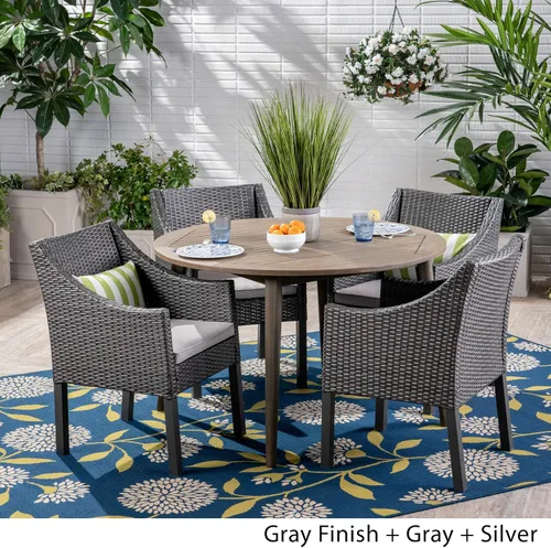 Vista 2 de Christopher Knight Home Shipp Outdoor - Juego de comedor de 5 piezas de madera y mimbre, acabado gris/plateado