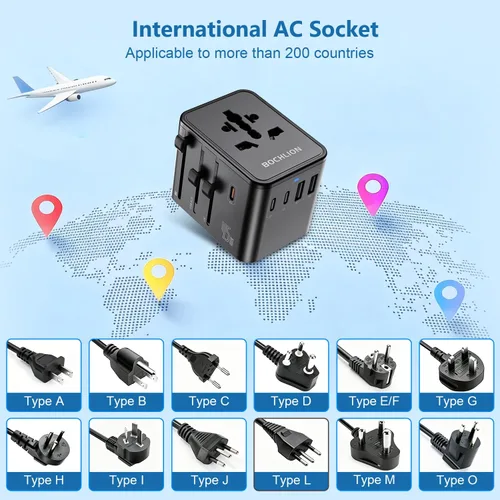 Vista 5 de Adaptador de viaje universal 7 en 1 de 17 W, 3 entradas, 2 USB-A + 2 USB-C, adaptador de corriente internacional para EE. UU. UE Reino Unido AU