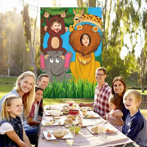 Vista 5 de Blulu Telón de fondo de fiesta de animales de la selva de 59 x 39.4 pulgadas, pancarta grande para cabina de fotos para fiestas de cumpleaños