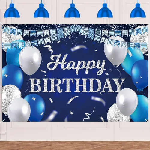 Vista 53 de Bandera de feliz primer cumpleaños con fondo azul marino, globos, confeti, bandera de rayas, luces de puntos, felicitaciones por el tema de 1 año