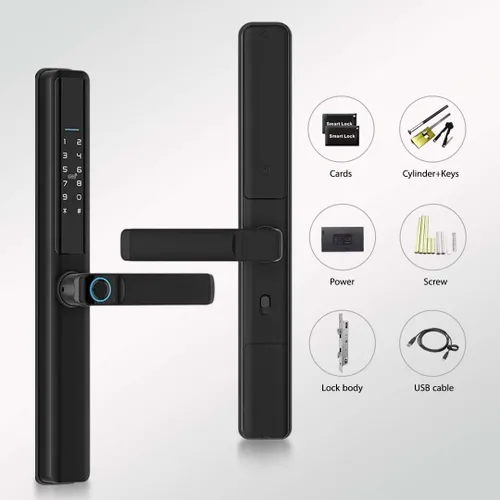 Vista 6 de Cerradura de puerta inteligente para puertas correderas – entrada sin llave 6 en 1 con huella digital, código de acceso, tarjeta IC, control