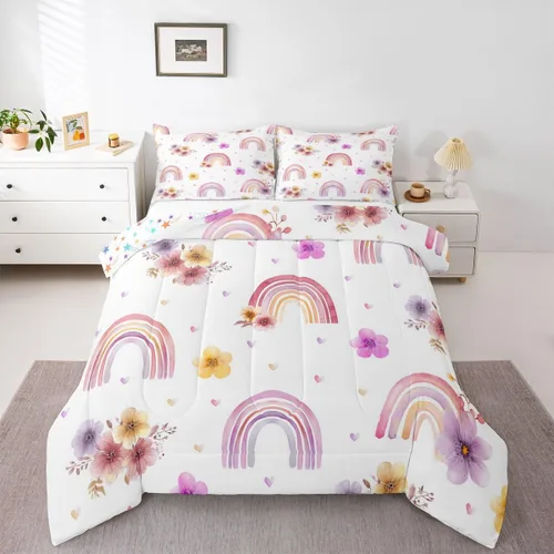 Vista 19 de Erosebridal Juego de edredón arcoíris de 2 piezas, edredón de nube de dibujos animados kawaii iridiscente individual para niños, niñas, mujeres