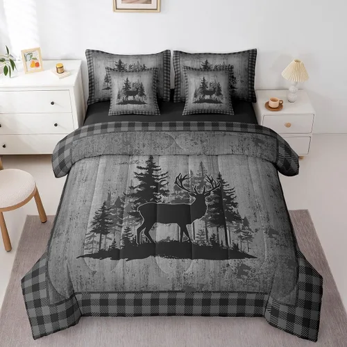 Vista 113 de Feelyou Juego de edredón de ciervo con sábanas – Tamaño Queen 7 piezas Juego de ropa de cama infantil de caza rústica – Cama de ciervo de cabaña