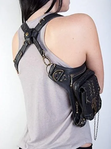 Vista 4 de Wendingstan Rock Leather & Vintage Gothic Retro Steampunk Bolso Estilo victoriano Bolso de hombro Riñonera Negro, Mediano, Negro -, Duradero, vintage