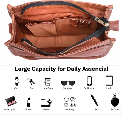 Vista 2 de Bolso cruzado de cuero genuino para mujer, bolso de cuero rústico marrón y marrón, tamaño mediano con bolsillo con cremallera, bonito bolso de uso