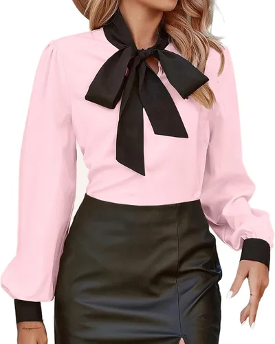 Vista 11 de Avanova - Camisas de manga larga abullonada con cuello de lazo para mujer, blusas casuales de trabajo