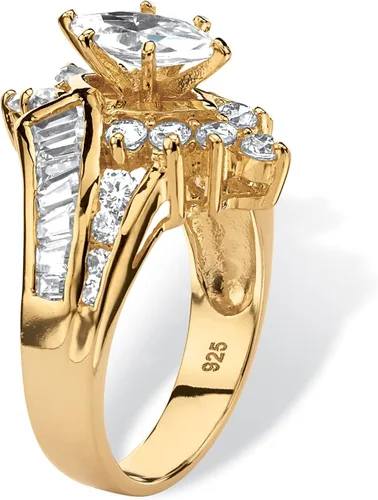 Vista 2 de Anillo de compromiso chapado en oro amarillo de plata de ley o chapado en platino y circonita cúbica baguette Bypass