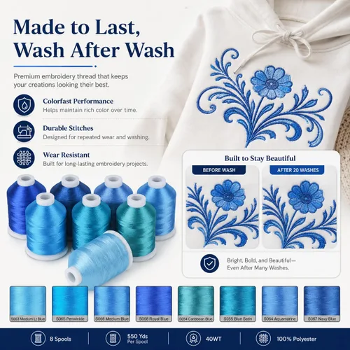 Vista 6 de Simthread Hilo de bordado azul – 8 tonos compatibles con colores Madeira, 550 yardas cada uno, poliéster 40WT, para Brother, Babylock, Janome