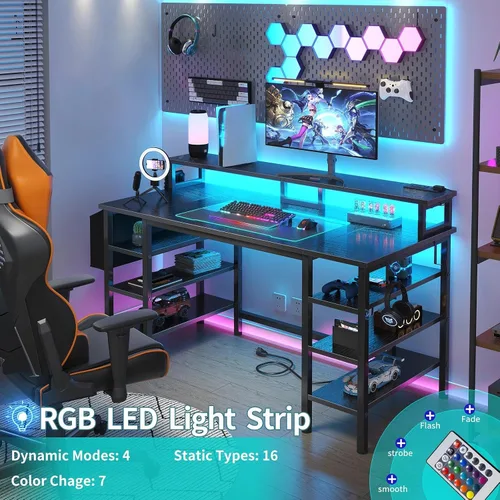 Vista 4 de Lufeiya - Escritorio para juegos con luces LED y estantes de almacenamiento, escritorio de computadora de 47 pulgadas con enchufes de corriente