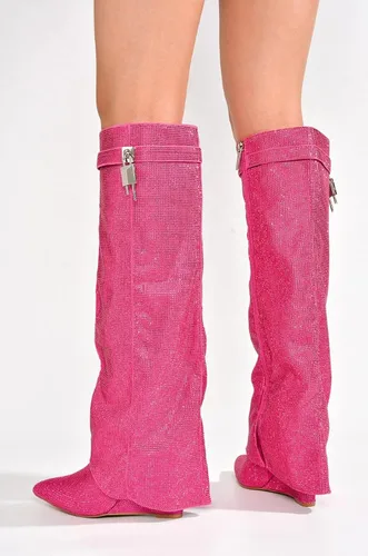Vista 5 de Cape Robbin Botas de diamantes de imitación para mujer, con candado, hasta la rodilla, tacón de cuña, punta puntiaguda, botas altas de meter