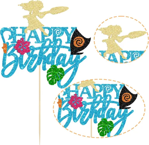 Vista 3 de Gyufise 1 pieza de decoración para pastel de cumpleaños Moana con purpurina de hoja de palma, flor de moana para pastel tropical hawaiano Luau, baby