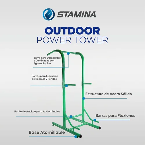 Vista 2 de Stamina Pull Up Bar Tower & Dip Station, Free Standing Outdoor Home Gym Equipment - Adjustable and Portable Workout Stand for Calisthenics Body Verde