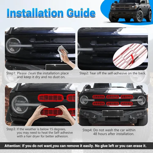 Vista 2 de Marco de cubierta de malla para parrilla delantera, insertos de parachoques delantero, accesorios de decoración con clip para Ford Bronco Offroad