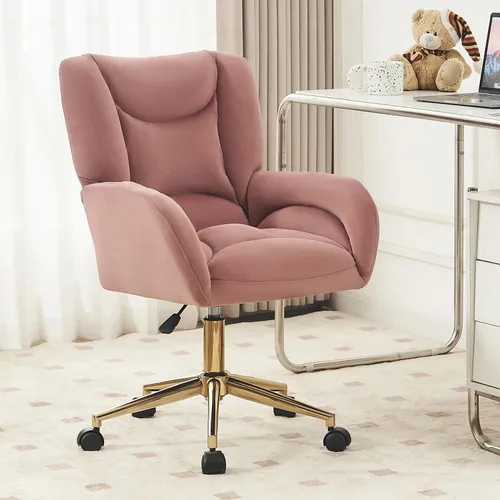 Vista 10 de Velvet Swivel Desk Chair with Gold Base - 360° Rotating Office Chair with Ergonomic Tufted Backrest, Thick Sponge Cushion & Universal Wheels for