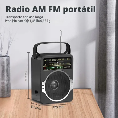 Vista 7 de JEUJUG Radio AM FM portátil, Radio Bluetooth 5.0 de 5 Watts con altavoz, Radio FM con batería recargable incorporada/Batería DC D*4 de celdas Negro