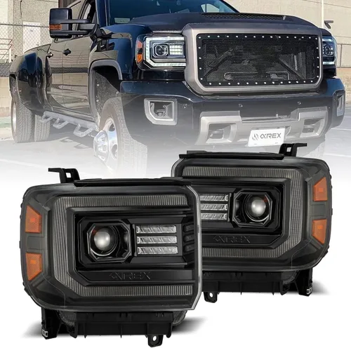 Vista 5 de AlphaRex serie luxx Alpha Negro Ajuste 14-18 GMC Sierra 1500/15-18 Sierra 2500HD/3500HD Faros delanteros LED DRL Tubo Proyector con luz de activación