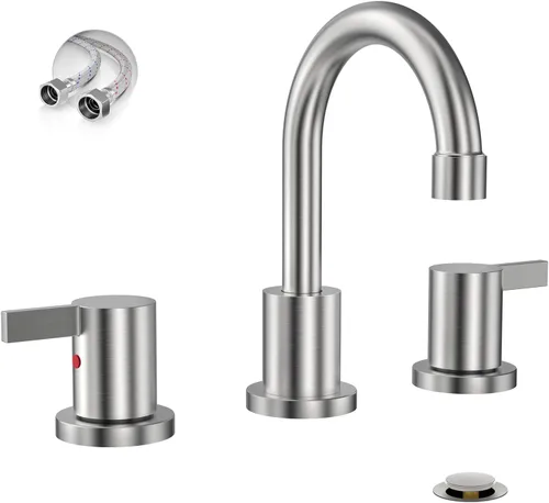 Vista 10 de Phiestina Grifo de baño cromado extendido de 8 pulgadas con 3 orificios, grifo de tocador de baño de 2 manijas con desagüe emergente de metal