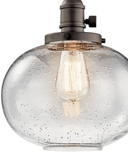 Vista 2 de Kichler Avery 9.75" 1 Luz Mini Colgante con Vidrio Semillado Transparente en Bronce Oldee®