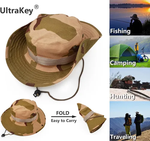 Vista 2 de Sombrero de protección solar de ala ancha para exteriores, clásico estilo militar de combate de EE. UU., gorra de sol para pesca, caza, campamento