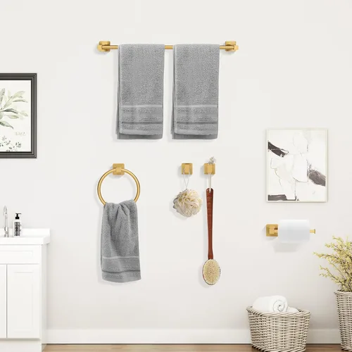 Vista 6 de Juego de 5 piezas de accesorios de baño de oro cepillado, juego de barra de toalla de mano de acero inoxidable de 60 cm dorado, soporte de papel