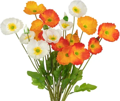 Vista 10 de FERIAL 6 flores de amapola artificiales de seda con tallos de amapola sintética de tacto real para el hogar, cocina, centros de mesa, arreglo Blanco