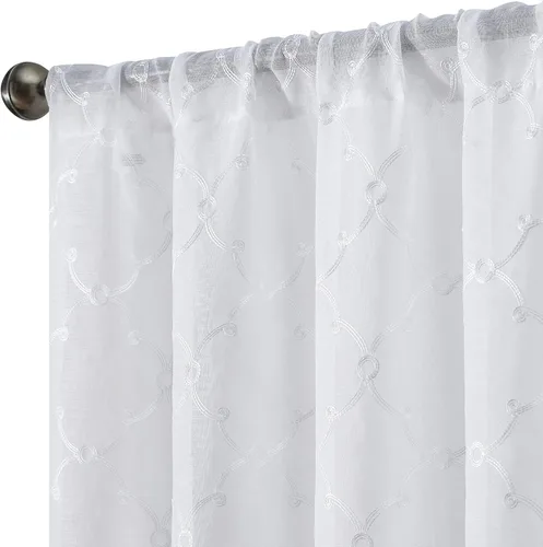 Vista 21 de Creative Home Ideas Cortinas transparentes (2 paneles, 38 x 63 pulgadas, azul), paneles de cortina geométricos bordados con alzapaños, cortinas