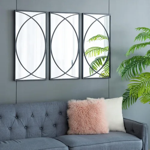 Vista 3 de A&B Home - Espejo rectangular de pared con marco de metal negro, juego de 3 piezas de espejo montado en la pared, decoración de pared del hogar