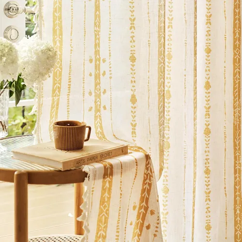 Vista 10 de Juego de 2 paneles de cortinas de lino bohemio, cortinas de semi privacidad para sala de estar, cortinas rústicas de campo de 54 pulgadas de largo