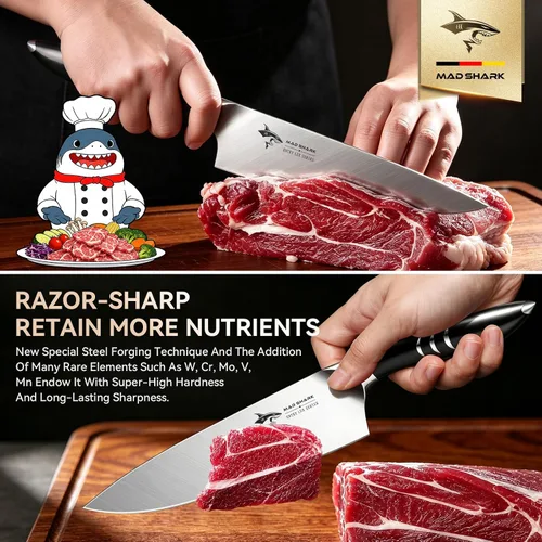Vista 3 de MAD SHARK Cuchillo de chef de 8 pulgadas, cuchillo de cocina de alto carbono de acero inoxidable con mango ergonómico, cuchillo de cocina con caja