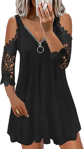Vista 4 de Balakie Vestido corto de verano con hombros descubiertos para mujer con cremallera cuello en V correa de diamantes de imitación manga corta casual