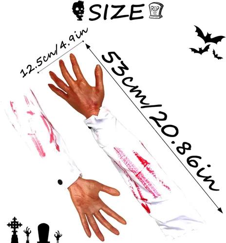 Vista 2 de Bimkole Brazo humano falso para Halloween, manos de brazo humano falsas, broma de terror severa, accesorios espeluznantes para casa embrujada
