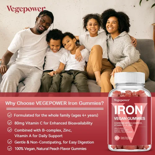 Vista 4 de Suplemento de gomitas de hierro vegano - con vitamina C, A, complejo B, folato, zinc para adultos y niños - Apoyo para la salud de la sangre