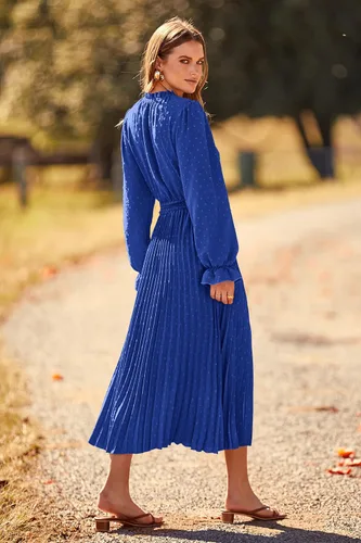 Vista 2 de PRETTYGARDEN Womens 2024 Fall Long Sleeve V Neck Swiss Dot Pleated A Line Flowy Dresses