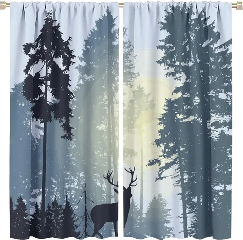 Vista 16 de Cortinas opacas con diseño de ciervos, bosque brumoso, rústico, vida silvestre, alce, montaña, pájaros, pino, bosque, cortinas de ventana