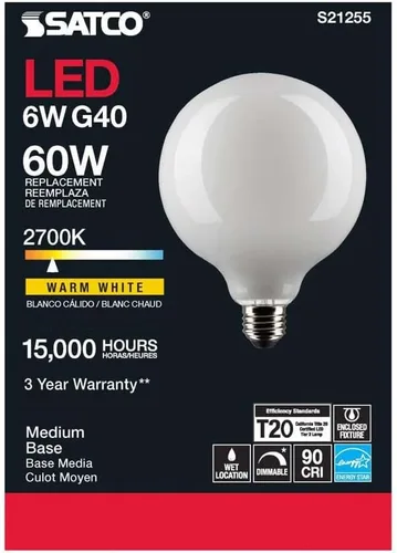 Vista 5 de Satco S21255 - Bombillas LED de 6 W, G40, globo blanco, E26, base media, 2700 K, blanco cálido, regulable, 120 V, (paquete de 6)