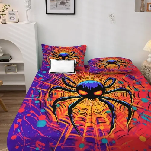 Vista 3 de Juego de sábanas tamaño individual: sábanas de araña, sábanas y fundas de almohada de telaraña, microfibra suave, bolsillo profundo y sin arrugas