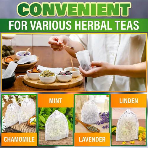 Vista 6 de 400 bolsas de té desechables para té de hojas sueltas, bolsas de té reutilizables de 3.62 x 2.76 pulgadas hechas de material no tejido sin