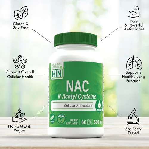 Vista 4 de Health Thru Nutrition NAC N-acetil-cisteína 600 mg 60 cápsulas Certificado vegano El suplemento NAC más puro Apoya la salud pulmonar