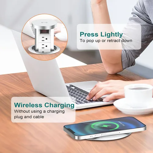 Vista 2 de Toma de corriente desplegable para encimera con PD de 20 W USB-C, toma de escritorio empotrada con cargador inalámbrico de 10 W, 4 salidas de CA, 3