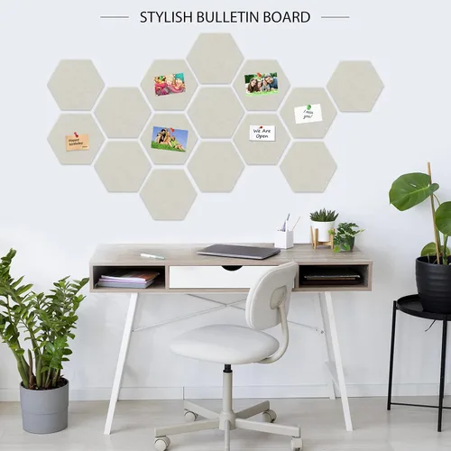 Vista 3 de BXI Tablero de anuncios de fieltro hexagonal grande – 14.2 x 12.3 x 0.4 pulgadas, 6 piezas autoadhesivas de corcho para póster, 30 pasadores