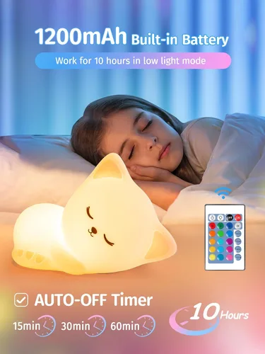 Vista 4 de Mubarek - Luz Nocturna para Niños, lámpara de luz nocturna atenuable de 16 colores, luz nocturna de silicona con control remoto para guardería