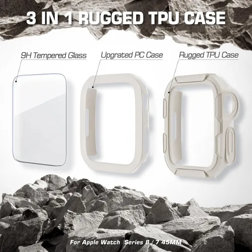 Vista 6 de EDIMENS Paquete de 2 fundas resistentes compatibles con Apple Watch de 1.772 pulgadas Series 9/8/7 con protector de pantalla de vidrio templado