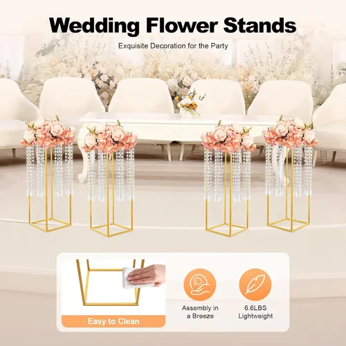 Vista 2 de 4 piezas de soporte de flores doradas, soporte de flores de boda de 23.6 pulgadas de alto, soporte rectangular para jarrones de boda, fiesta, mesa