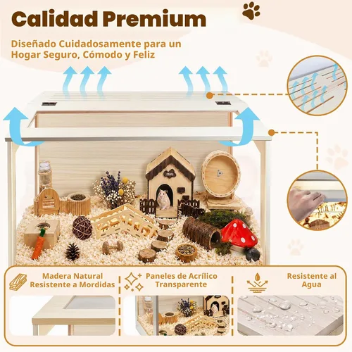 Vista 5 de PROLEE Jaula para hámster con parte superior de madera a prueba de masticación, jaulas de conejillo de indias, hábitat para hámster con hojas Roble
