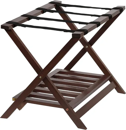 Vista 4 de PJ Wood Portaequipajes plegable de madera maciza estilo hotel portátil con estante inferior de almacenamiento de zapatos para invitados de casa