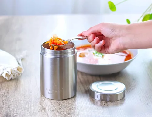 Vista 5 de ecozoi Lonchera aislada de acero inoxidable, tarro de alimentos aislado al vacío, 17 onzas + tenedor + bolsa de almuerzo